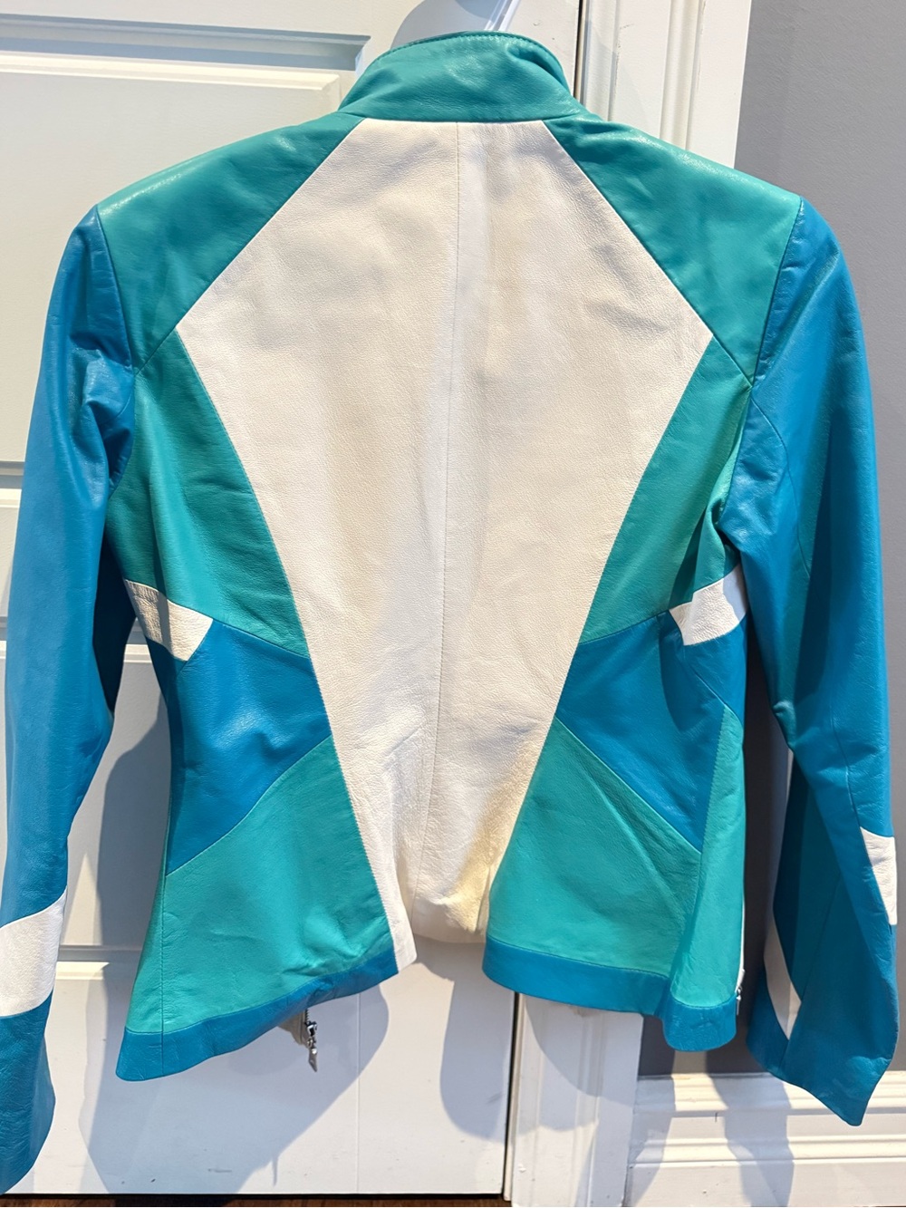 Danier Genuine Leather Teal Blue White Colourblock Moto Jacket 2XS Y2K - Picture 2 of 10